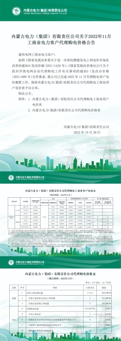 2022年11月工商业电力客户代理购电价格公告